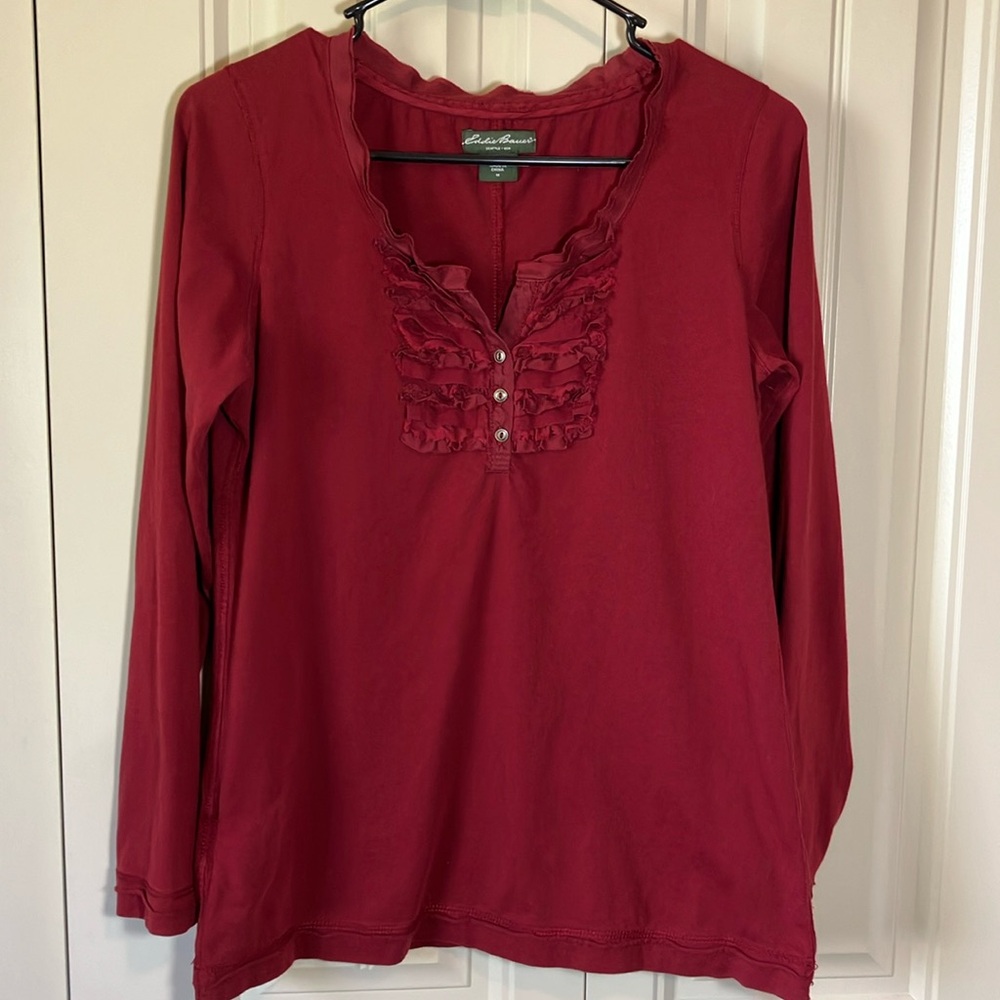 Eddie Bauer red pull over Henley style ruffles at yoke